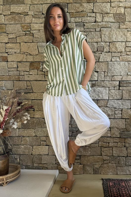 Mallow Stripe Cap Sleeve Shirt Olive